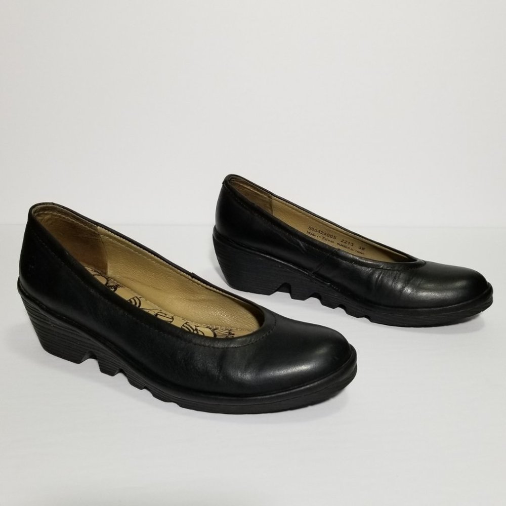FLY LONDON Black Leather Wedge Pumps